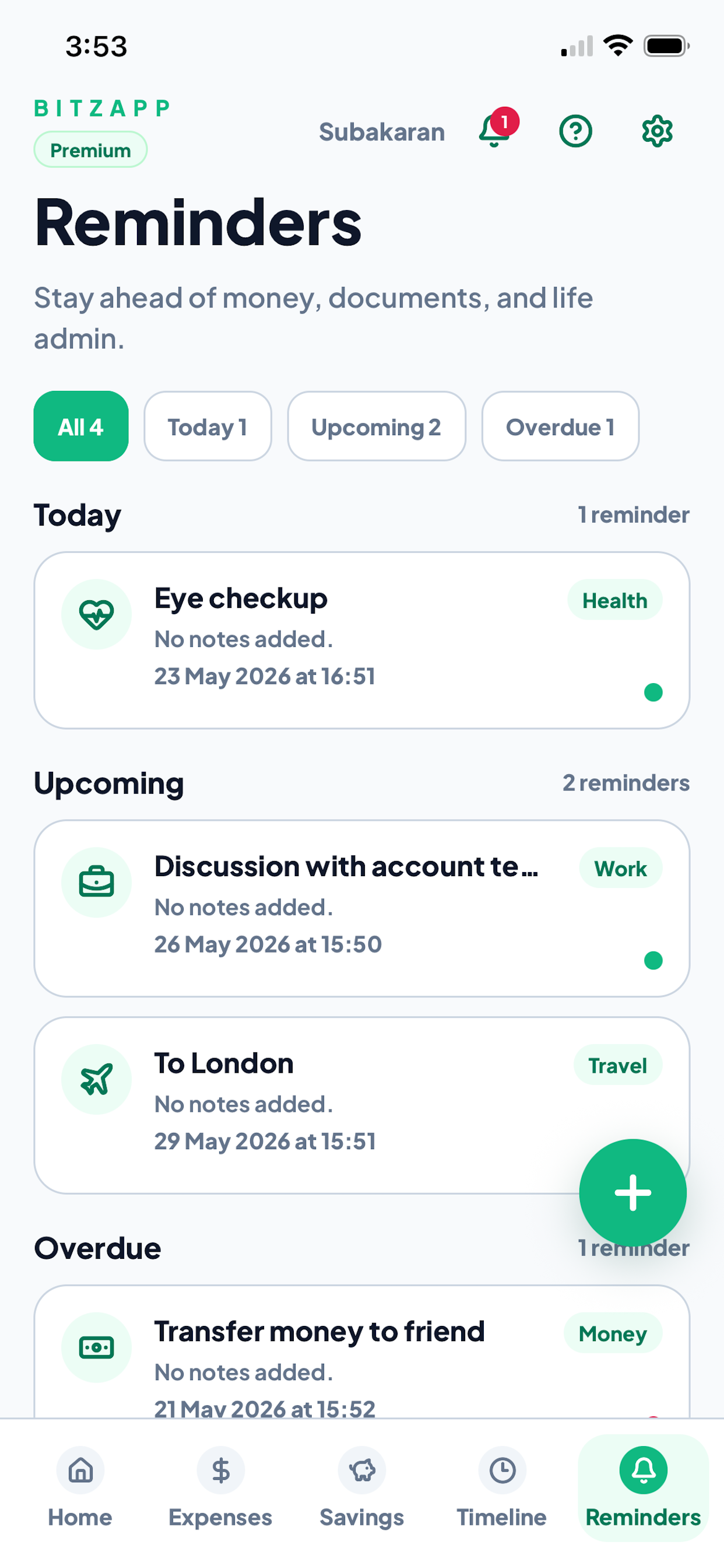 Bitzapp reminders screen