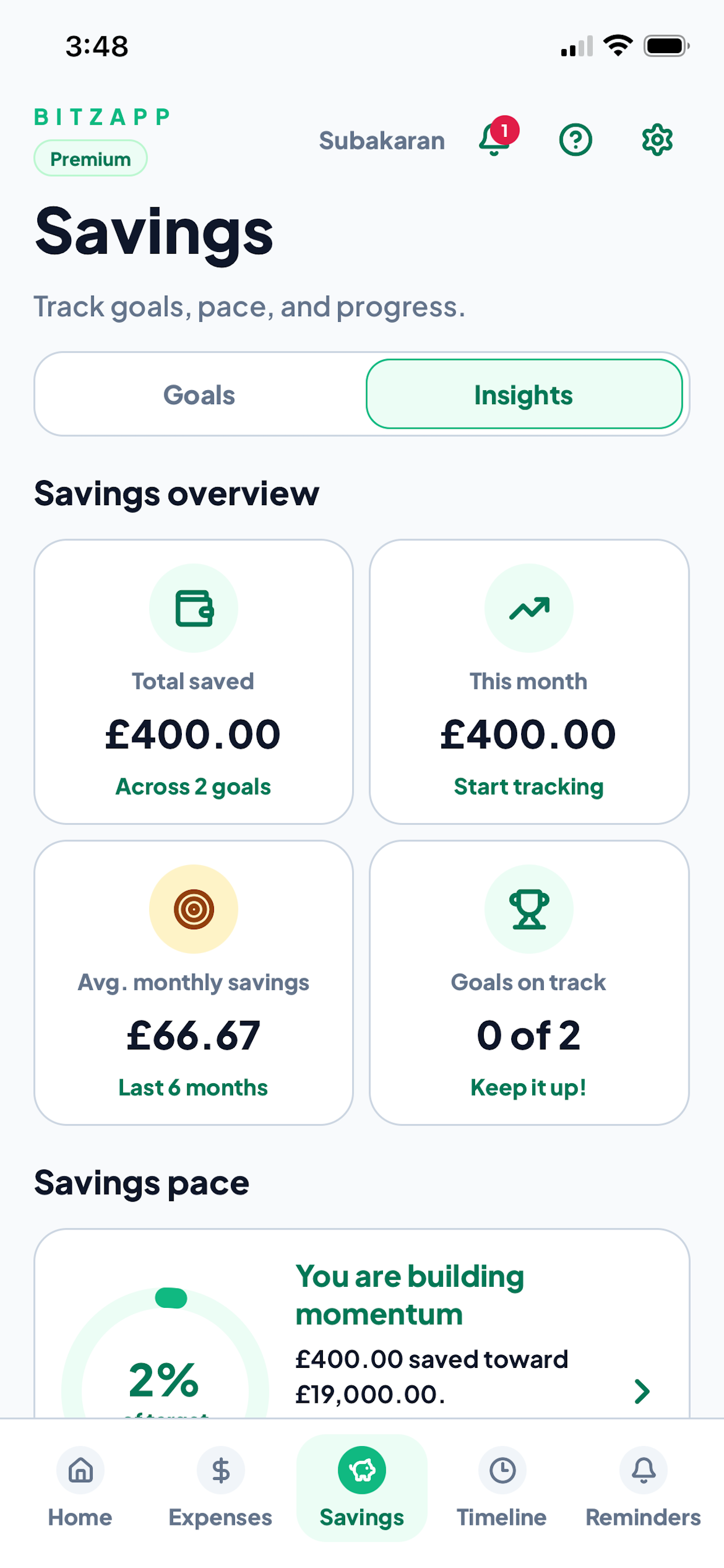 Bitzapp savings goals mobile screen